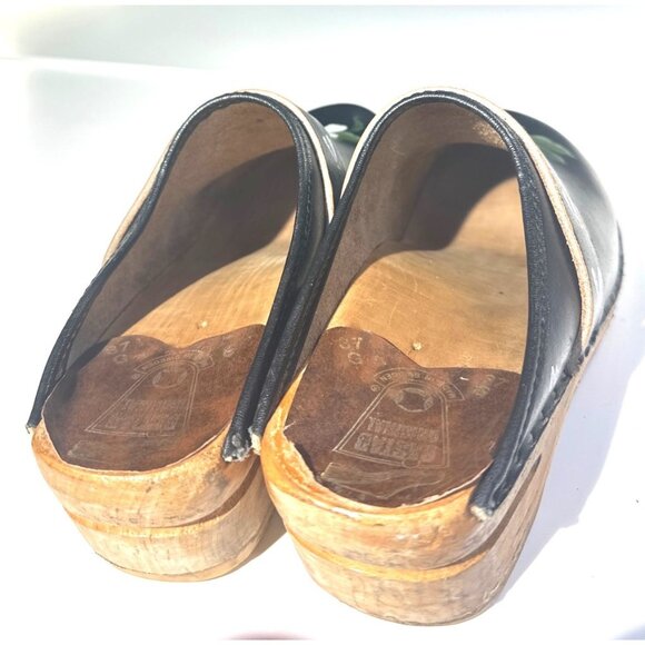 Handmade Swedish Black Leather Clogs With Hand-Painted Flowers Wood Sole Size 37 - Picture 4 of 16